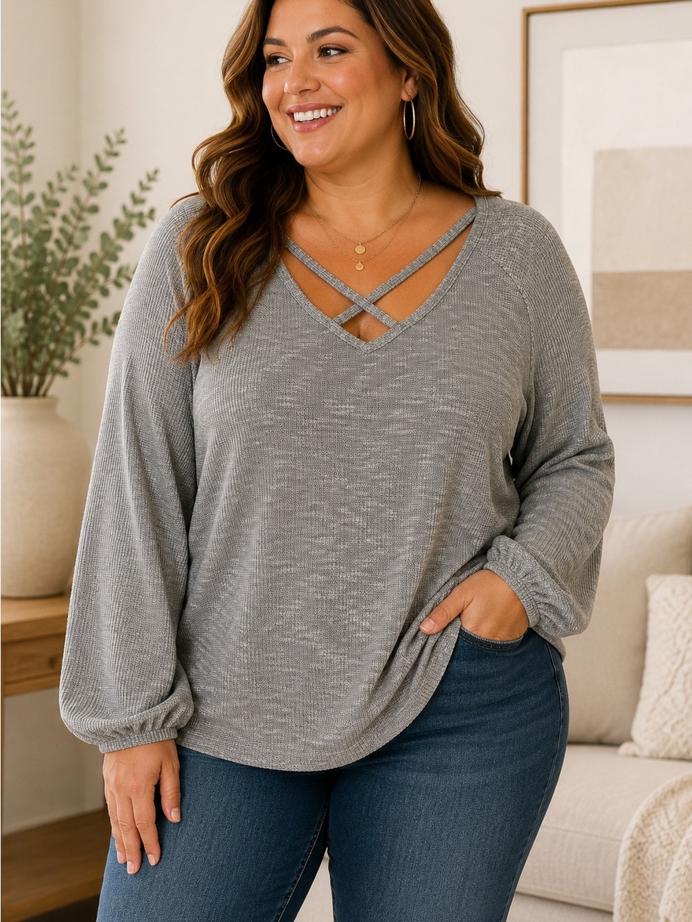 Maurices Crisscross V-Neck Heather Gray Pullover